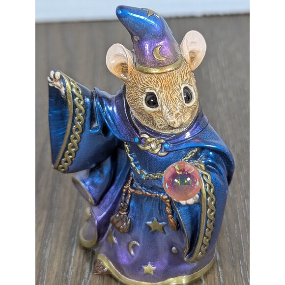 VTG Windstone Editions MOUSE WIZARD Figurine Peacock Colors Pena 1997 Glass Orb - Picture 2 of 7